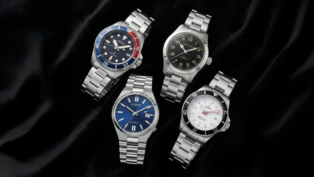 Best mens watches NZ 2026 collection Seiko Hamilton Citizen Tissot Ratio lifestyle flat lay CityWatches