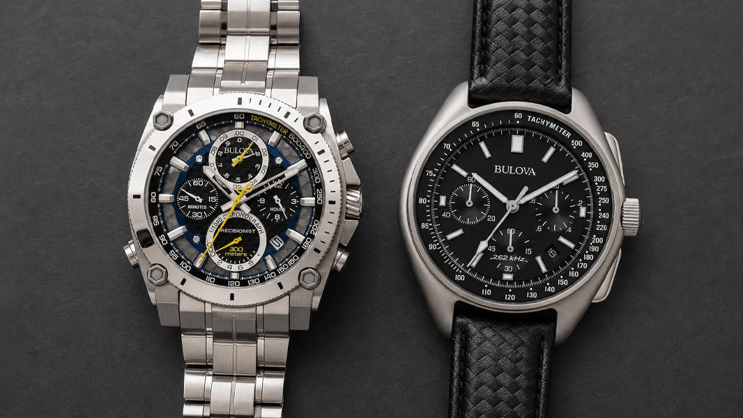 Bulova Precisionist 96B on stainless bracelet left, Lunar Pilot 96B251 on leather strap right 