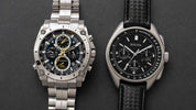 Bulova Precisionist 96B on stainless bracelet left, Lunar Pilot 96B251 on leather strap right 