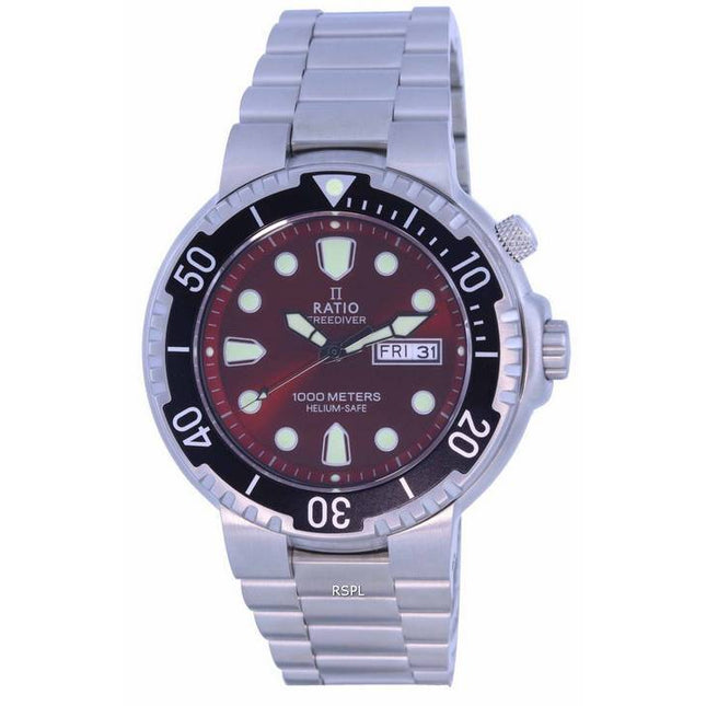 Ratio FreeDiver Red Dial Stainless Steel Quartz 1050HA93-02V-RED 1000M Mens Watch