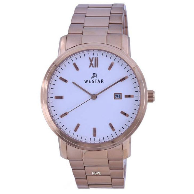 Westar White Dial Rose Gold Tone Stainless Steel Quartz 50245 PPN 601 Mens Watch