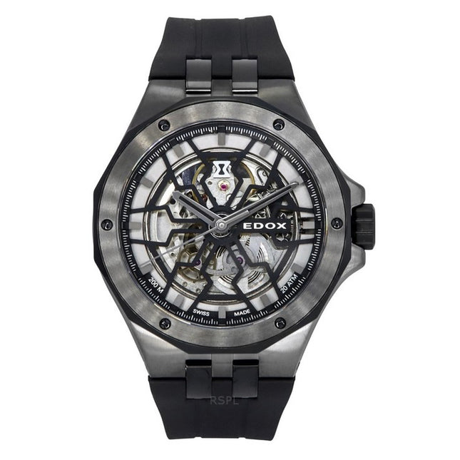 Edox Delfin The Original Mecano Rubber Strap Skeleton Black Dial Automatic Diver's 85303 357GN NGN 200M Men's Watch
