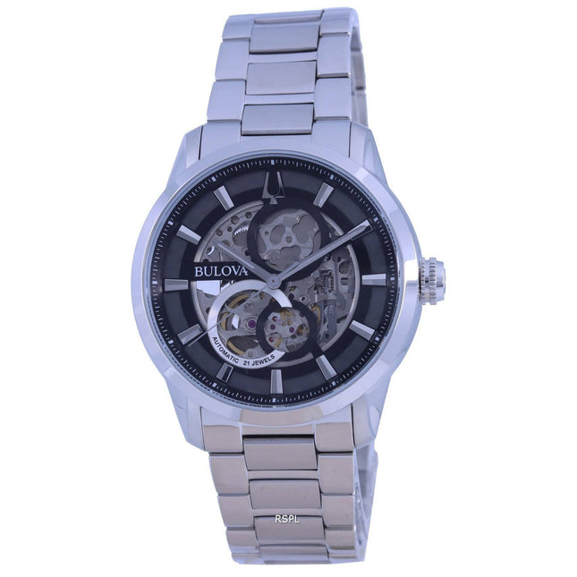 Bulova Classic Skeleton Black Dial Stainless Steel Automatic 96A208 Mens Watch