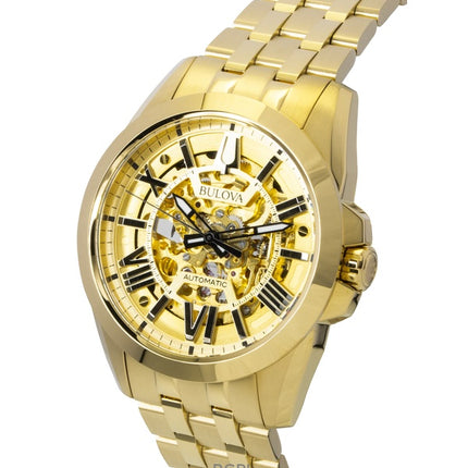 Bulova Sutton Gold Tone Stainless Steel Gold Skeleton Dial Automatic 97A162 Men's Watch