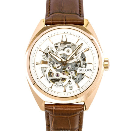 Bulova Surveyor Leather Strap  Silver Skeleton Dial Automatic 97A175 Men's Watch