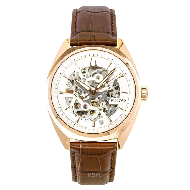 Bulova Surveyor Leather Strap  Silver Skeleton Dial Automatic 97A175 Men's Watch