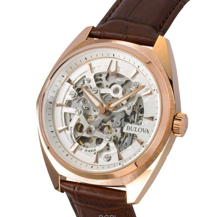 Bulova Surveyor Leather Strap  Silver Skeleton Dial Automatic 97A175 Men's Watch