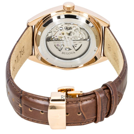 Bulova Surveyor Leather Strap  Silver Skeleton Dial Automatic 97A175 Men's Watch