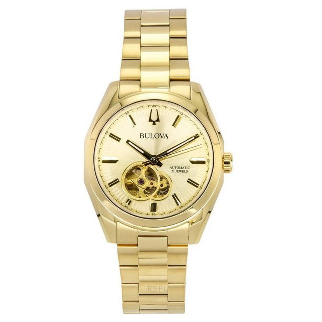 Bulova Surveyor Gold Tone Stainless Steel Open Heart Champagne Dial Automatic 97A182 Men's Watch