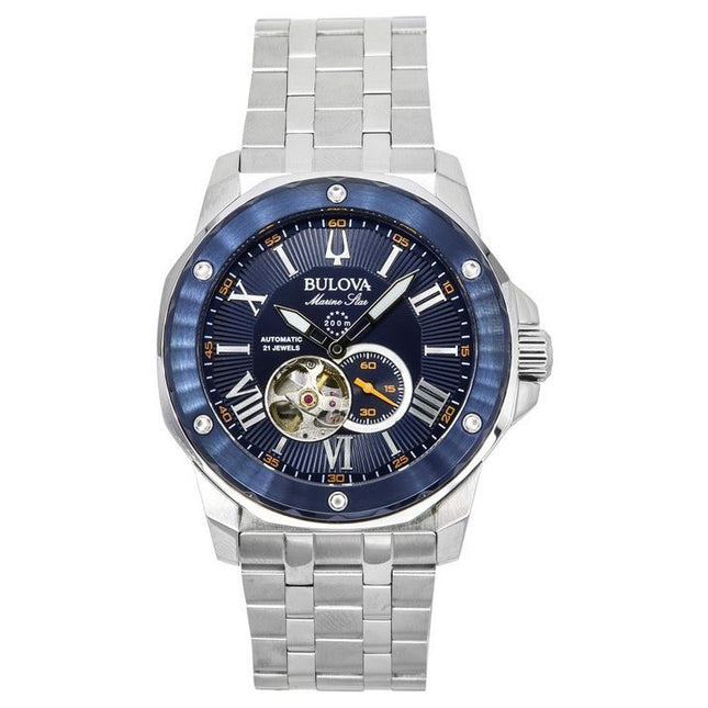 Bulova Marine Star Stainless Steel Open Heart Blue Dial Automatic 21 Jewels 98A302 200M Mens Watch