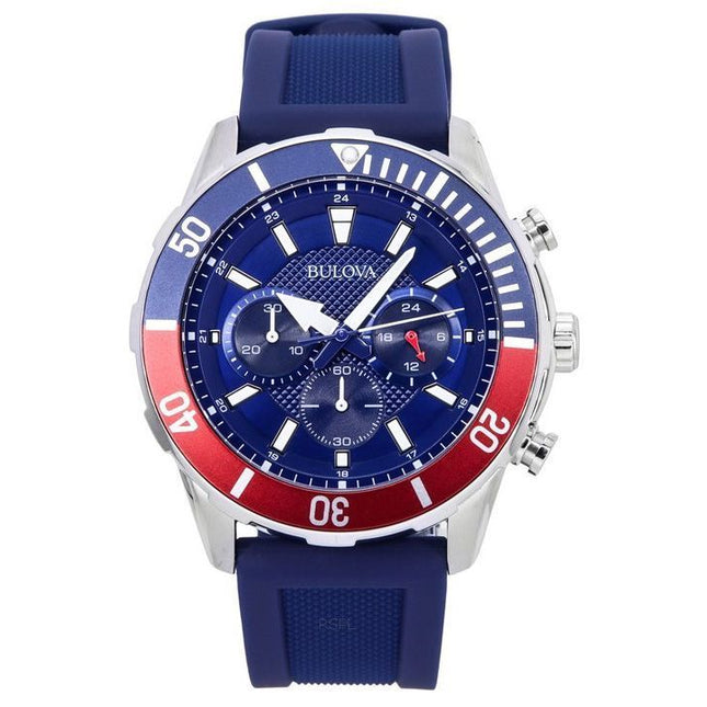 Bulova Sports Chronograph Silicone Strap Blue Dial Quartz 98K111 100M Mens Watch With Gift Set