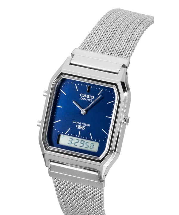 Casio Vintage Analog Digital Stainless Steel Mesh Bracelet Blue Dial Q