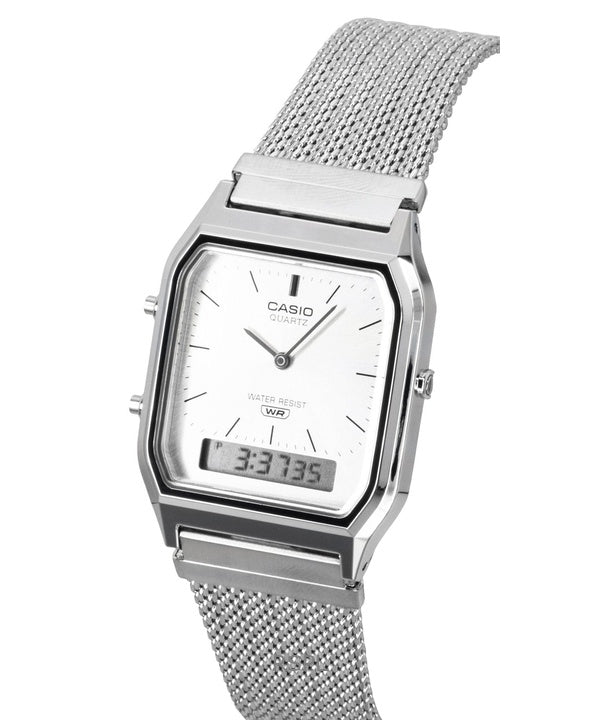 Casio Vintage Analog Digital Stainless Steel Mesh Bracelet Silver Dial