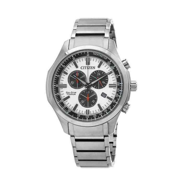 Citizen Eco-Drive Chronograph Super Titanium White Dial AT2530-85A 100M Mens Watch