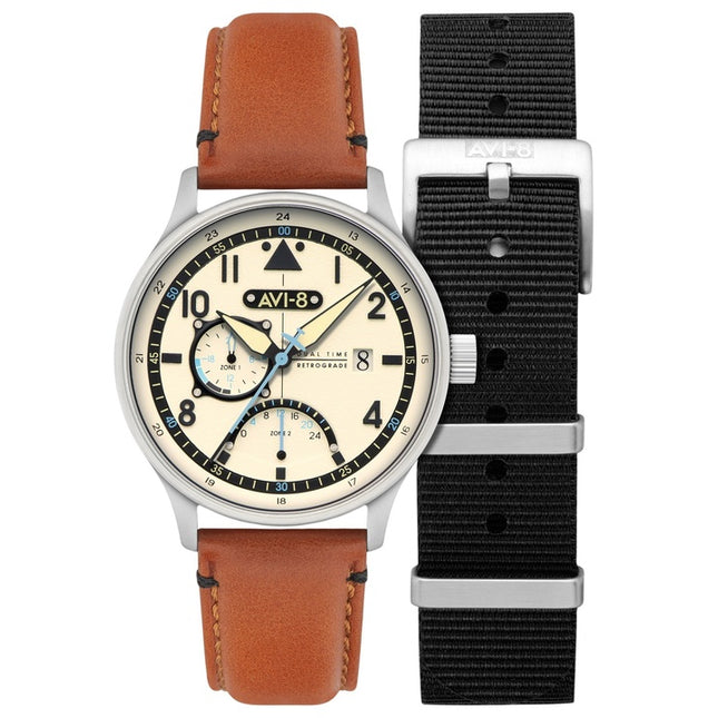 AVI-8 Hawker Hurricane Mckellar Dual Time Brown Beige Leather Strap Cream Dial AV-4101-0C Quartz Men's Watch With Extra Strap