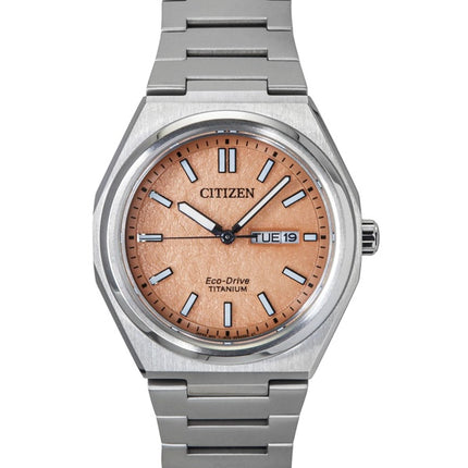 Citizen Zenshin Super Titanium Salmon Dial Eco-Drive AW0130-85Z 100M Men's Watch