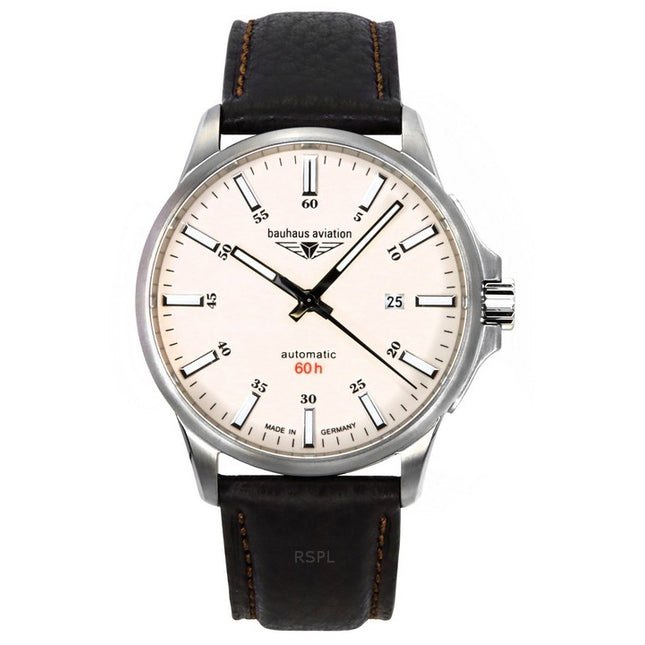 Bauhaus Aviation Leather Strap Full Luminous Beige Dial Automatic 28645 100M Men's Watch