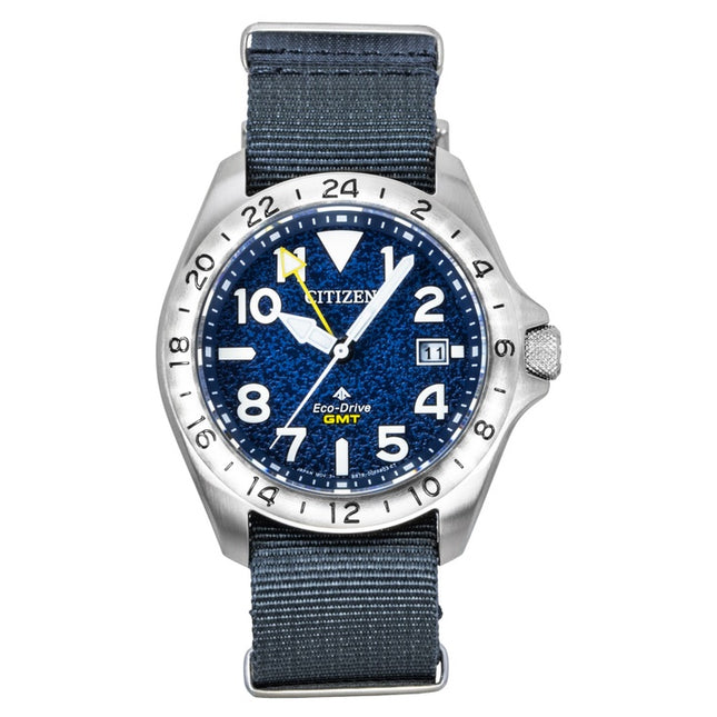 Citizen Promaster Land GMT Analog Grey Nylon Strap Navy Blue Dial Eco-Drive Diver's BJ7150-09L 200M Men's Watch