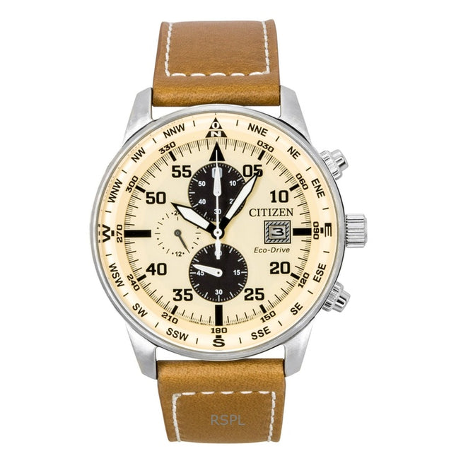 Citizen Eco-Drive Aviator Chronograph Leather Strap Beige Dial CA0880-15X 100M Men's Watch