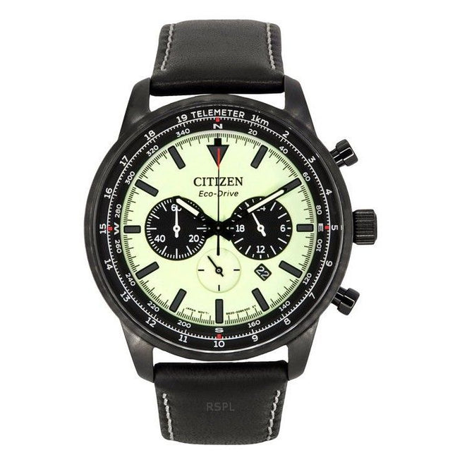 Citizen Eco-Drive Chronograph Leather Strap Full Luminous Green Dial CA4505-21X 100M Men's Watch