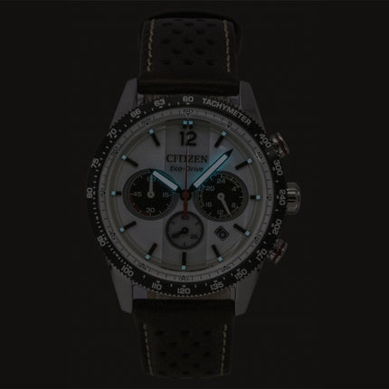 Citizen Eco-Drive Chronograph Analog Brown Leather Strap White Dial Solar CA4714-04A 100M Men's Watch