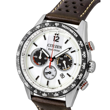 Citizen Eco-Drive Chronograph Analog Brown Leather Strap White Dial Solar CA4714-04A 100M Men's Watch