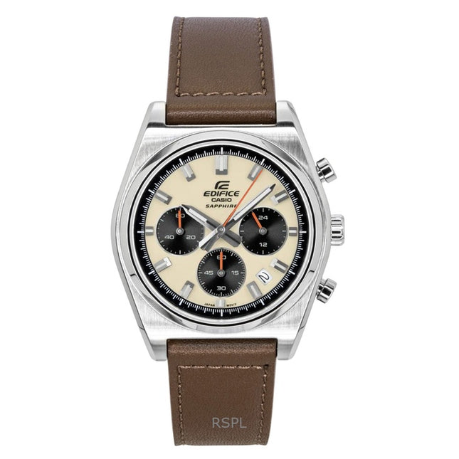 Casio Edifice Analog Standard Chronograph Leather Strap Ivory Dial Quartz EFB-730L-7AV 100M Men's Watch
