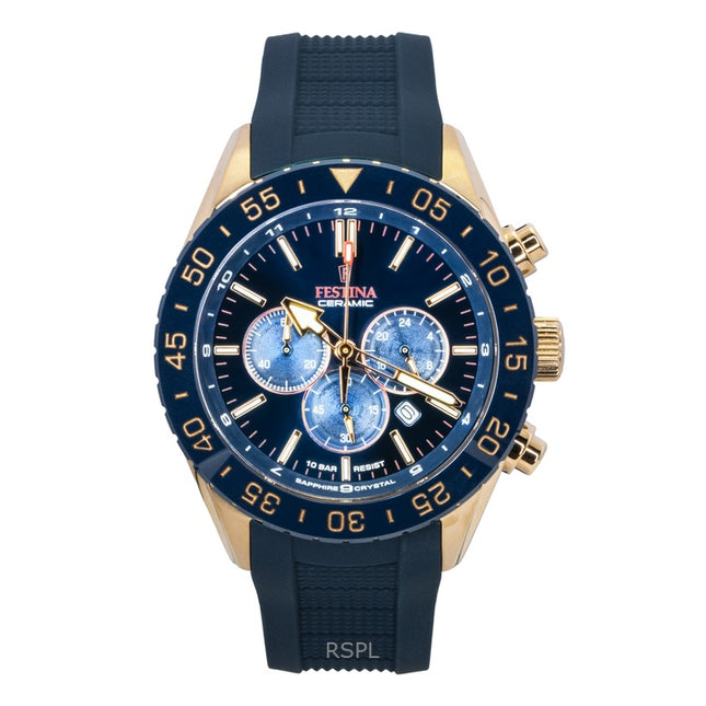 Festina Ceramic Chronograph Rubber Strap Blue Dial Quartz F20516-1 100M Men's Watch