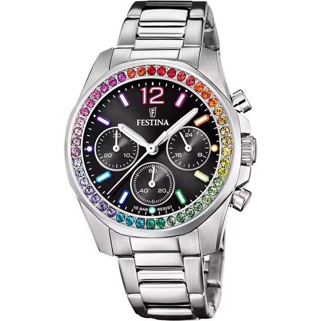 Festina Rainbow Chronograph Crystal Accents Stainless Steel Black Dial Quartz F20606-3 100M Women's Watch
