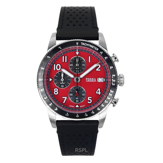 Fossil Sport Tourer Chronograph Leather Strap Red Dial Quartz FS6086 Men's Watch