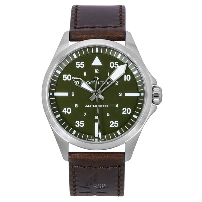 Hamilton Khaki Aviation Pilot Leather Strap Green Dial Automatic H76305560 100M Men's Watch