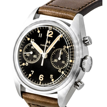 Hamilton Khaki Aviation Pilot Pioneer Chronograph Leather Strap Black Dial Mechanical H76409530 100M Men's Watch