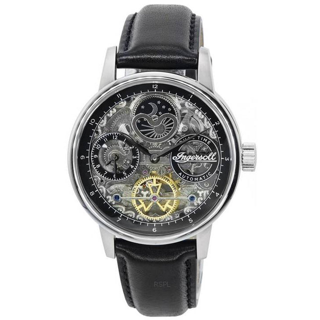 Ingersoll The Jazz Sun and Moon Phase Leather Strap Skeleton Silver Dial Automatic I07701 Mens Watch