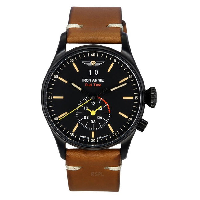 Iron Annie Flight Control Dual Time Leather Strap Black Dial Quartz 51442 Men's Watch