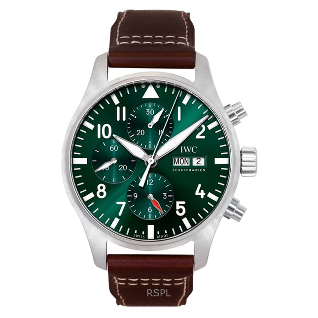 IWC Pilots Chronograph Leather Strap Green Dial Automatic IW378005 100M Men's Watch