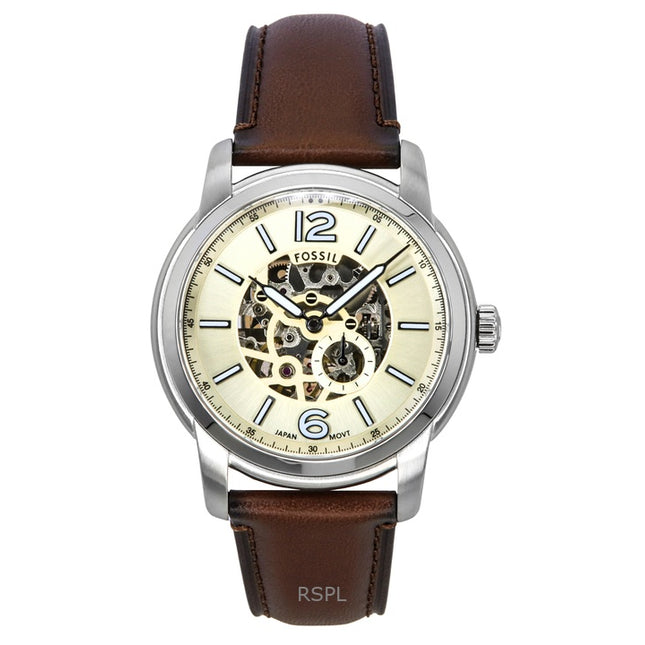 Fossil Heritage Brown Leather Strap Cream Skeleton Dial Automatic ME3264 Men's Watch