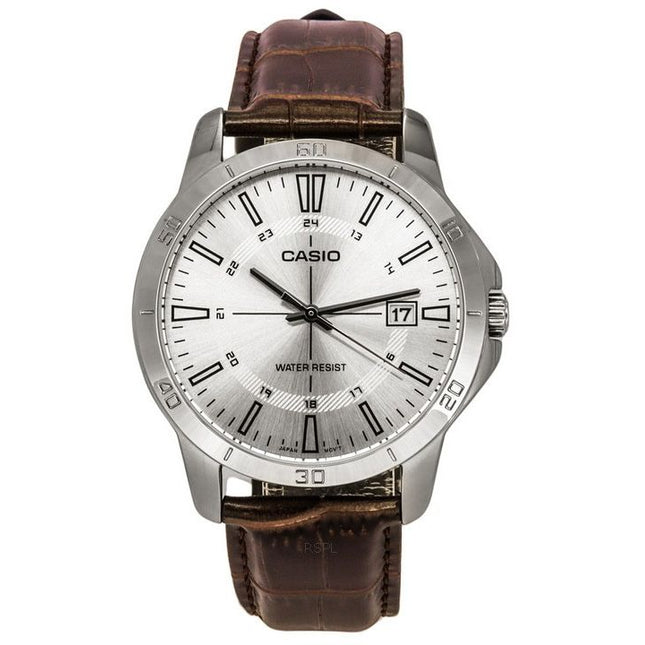 Casio Standard Analog Brown Leather Strap Silver Dial Quartz MTP-V004L-7C Mens Watch