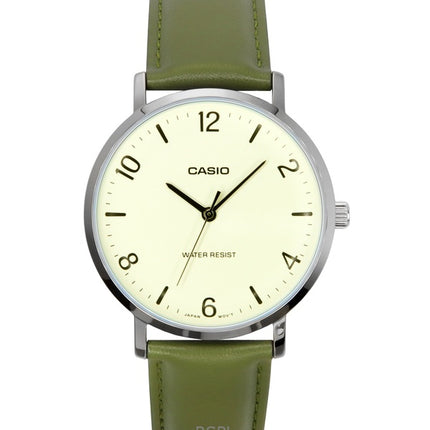 Casio Standard Analog Green Leather Strap White Dial Quartz MTP-VT03L-7B Men's Watch
