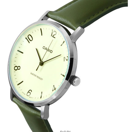 Casio Standard Analog Green Leather Strap White Dial Quartz MTP-VT03L-7B Men's Watch