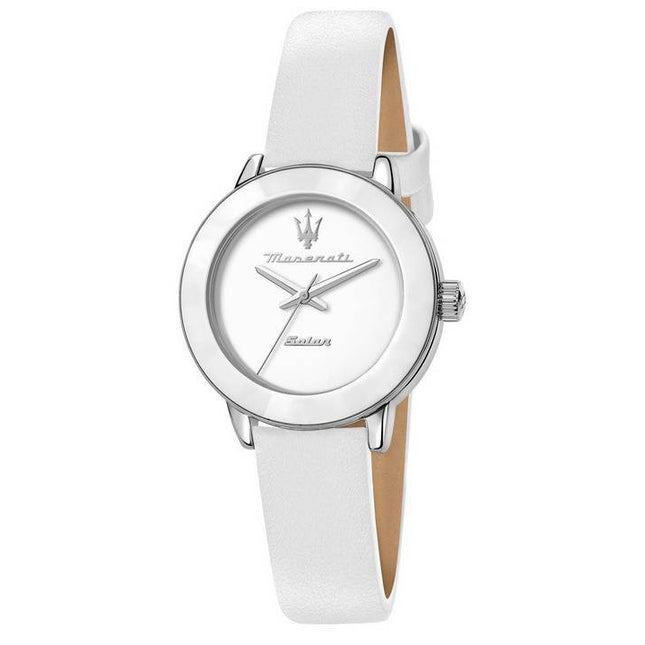 Maserati Successo Solar White Matt Dial Leather Quartz R8851145502 Womens Watch