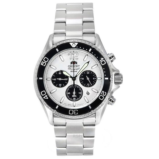 Orient Sports Panda Chronograph Stainless Steel White Dial Solar Diver's RA-TX0203S10B 200M Men's Watch