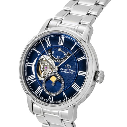 Orient Star M45 F7 Mechanical Moon Phase Stainless Steel Navy Blue Open Heart Dial Automatic RE-BT0006L Men's Watch
