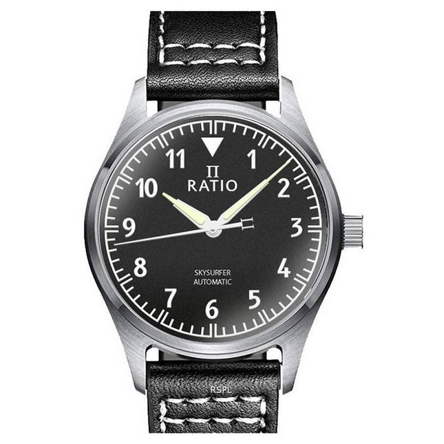 Ratio Skysurfer Pilot Black Textured Dial Leather Automatic RTS303 200M Mens Watch