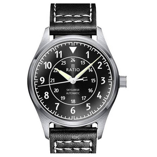 Ratio Skysurfer Pilot Black Sunray Dial Leather Automatic RTS314 200M Mens Watch