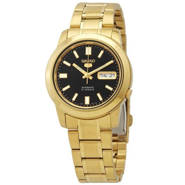Seiko 5 Gold Tone Stainless Steel Black Dial 21 Jewels Automatic SNKK22K1 Mens Watch
