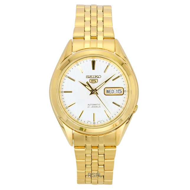 Seiko 5 Gold Tone Stainless Steel White Dial 21 Jewels Automatic SNKL26K1 Mens Watch