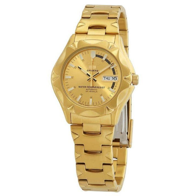 Seiko 5 Sports Gold Tone Stainless Steel Gold Dial 21 Jewels Automatic SNZ450J1 100M Mens Watch