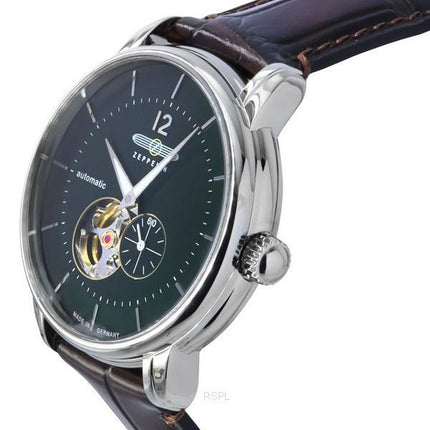Zeppelin LZ 120 Bodensee Leather Strap Open Heart Green Dial Automatic 81664 Men's Watch