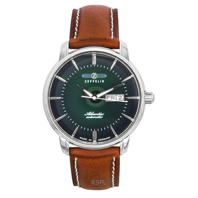 Zeppelin Atlantic Brown Leather Strap Green Dial Automatic 84664 Men's Watch
