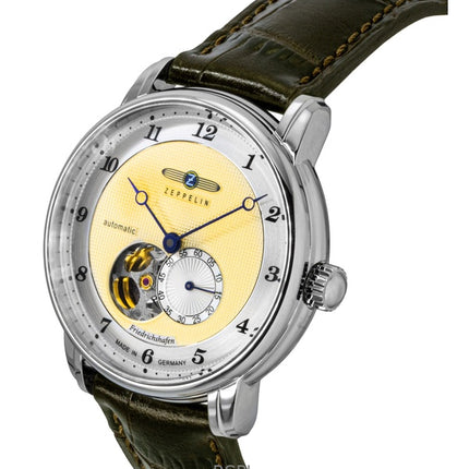 Zeppelin Friedrichshafe Brown Leather Strap Open Heart Gold Dial Automatic 85665 Men's Watch